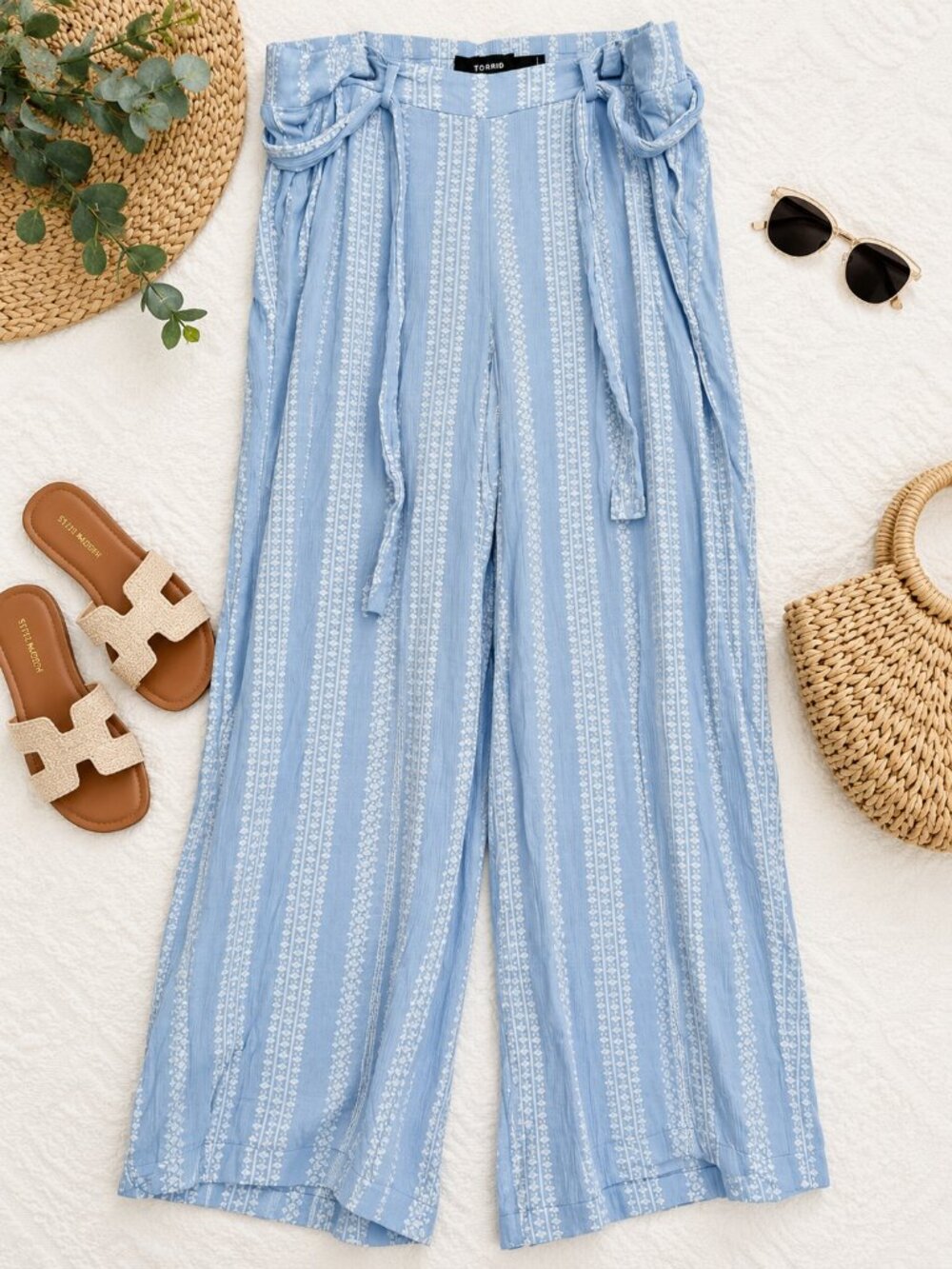 Torrid Size 1 Blue White Print Wide Leg Pants Boho Tie Waist Plus 100% Rayon